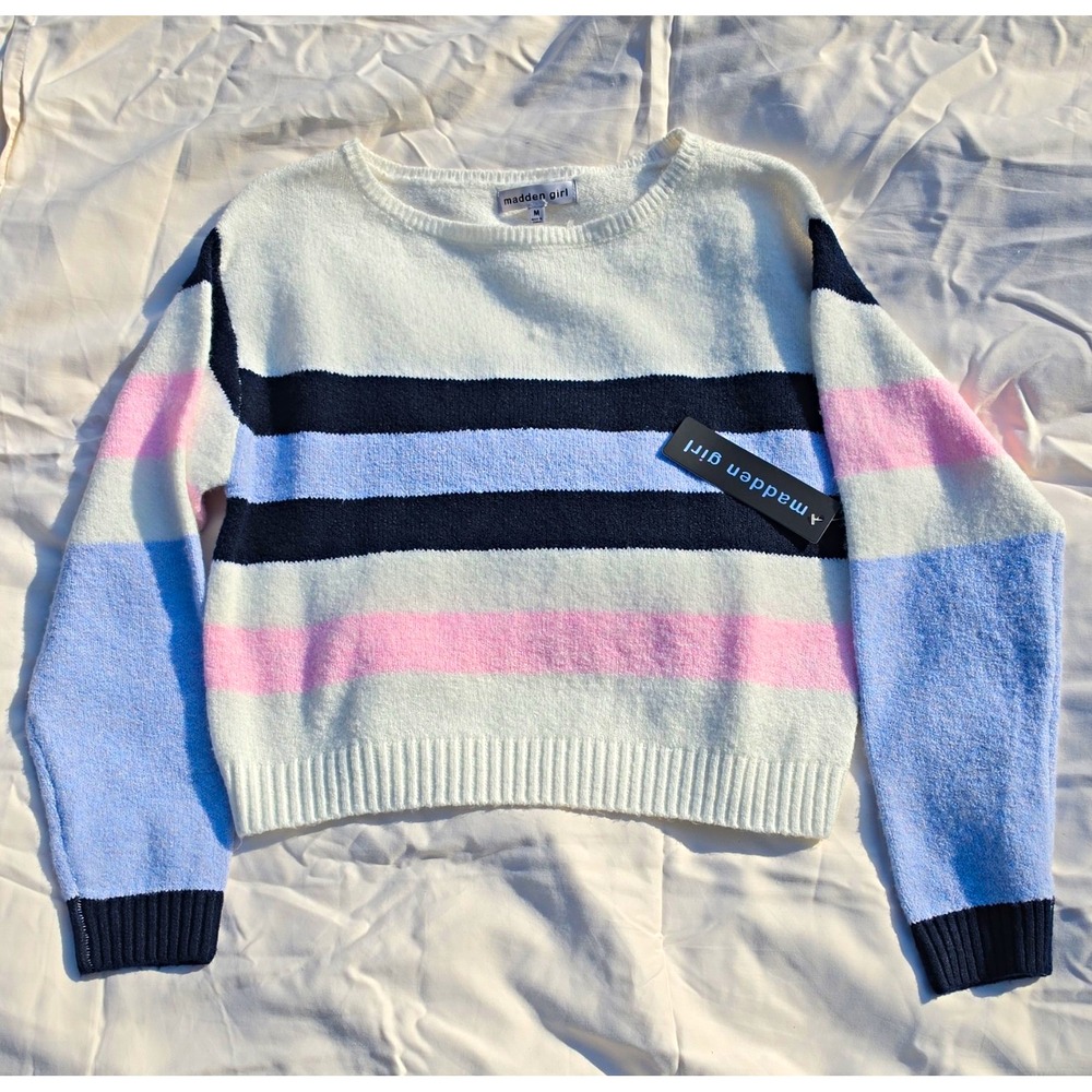 Madden Girl Women's White Knit Crew Neck Stripe Long Sleeve Sweater M #241